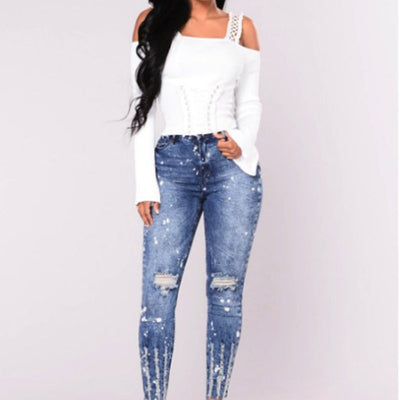 ripped High Waist Skinny Pencil Blue Denim Pants