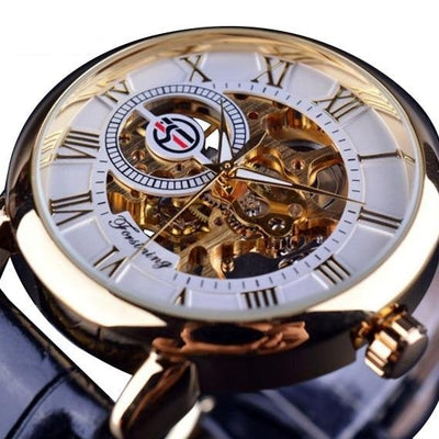 3d Logo Design Hollow Engraving Black Gold Case Leather Watch