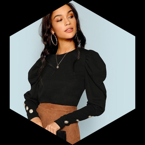 Black Elegant Office Lady Puff Sleeve With Buttons
