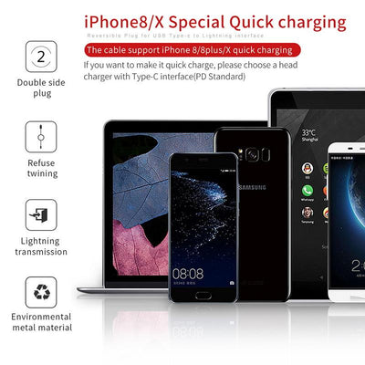 USB C PD Cable USB C to 8 Pin Quick Charging Cable For iPhone X 8