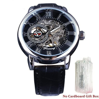 3d Logo Design Hollow Engraving Black Gold Case Leather Watch