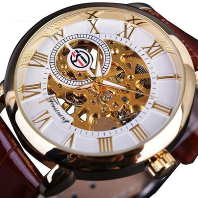 3d Logo Design Hollow Engraving Black Gold Case Leather Watch