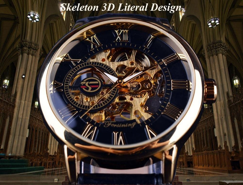 3d Logo Design Hollow Engraving Black Gold Case Leather Watch
