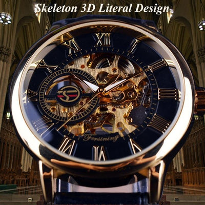 3d Logo Design Hollow Engraving Black Gold Case Leather Watch