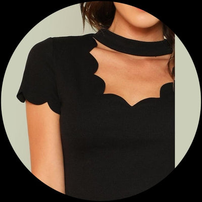 Black Elegant Mock Neck Scallop Trim Shirt