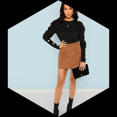 Black Elegant Office Lady Puff Sleeve With Buttons