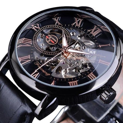 3d Logo Design Hollow Engraving Black Gold Case Leather Watch