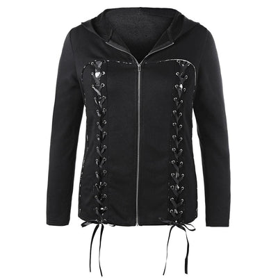 Women Double Lace-Up Plus Size Zip Up Hooded Coat