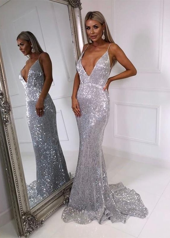 V Neck Sequined Evening Party Dress