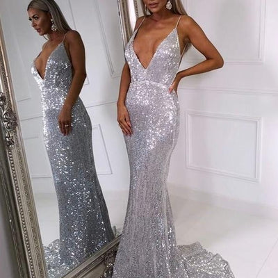 V Neck Sequined Evening Party Dress