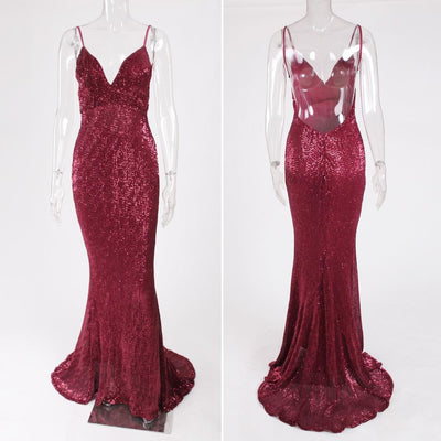 V Neck Sequined Evening Party Dress