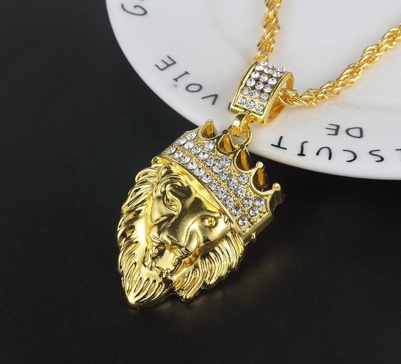 Gold Color Good Crown Lion Head Crystal Pendant