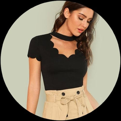 Black Elegant Mock Neck Scallop Trim Shirt