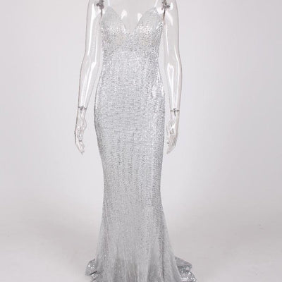 V Neck Sequined Evening Party Dress