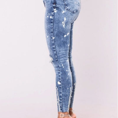 ripped High Waist Skinny Pencil Blue Denim Pants
