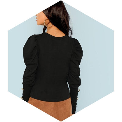 Black Elegant Office Lady Puff Sleeve With Buttons