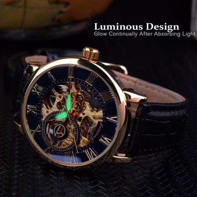 3d Logo Design Hollow Engraving Black Gold Case Leather Watch