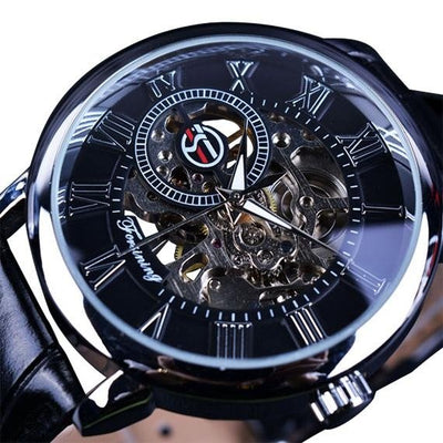 3d Logo Design Hollow Engraving Black Gold Case Leather Watch