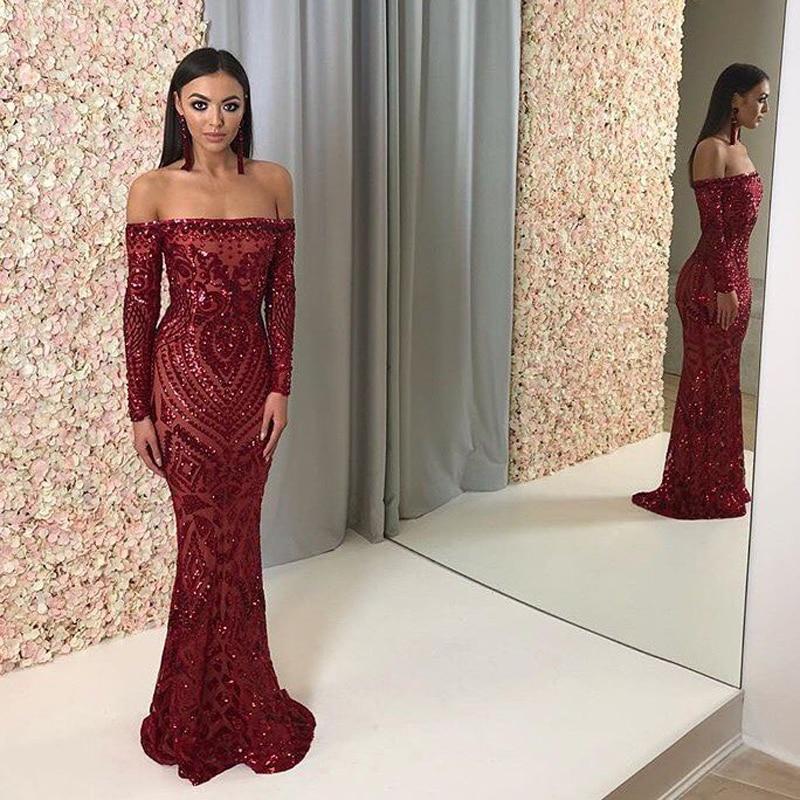 Sexy Slash Neck Off Shoulder Burgundy Sequined Party Dress