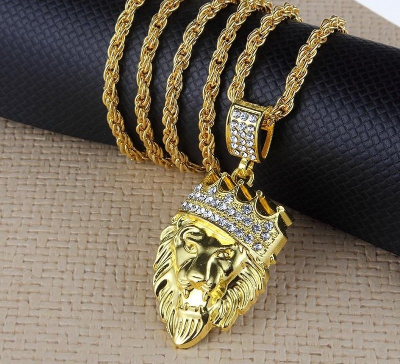 Gold Color Good Crown Lion Head Crystal Pendant