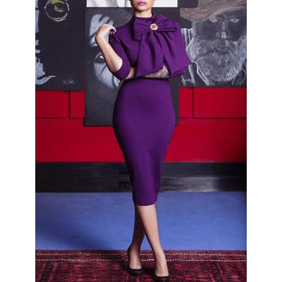 Office Lady's Smooth Purple Bowknot Casual Elegant Dress