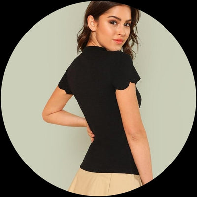 Black Elegant Mock Neck Scallop Trim Shirt