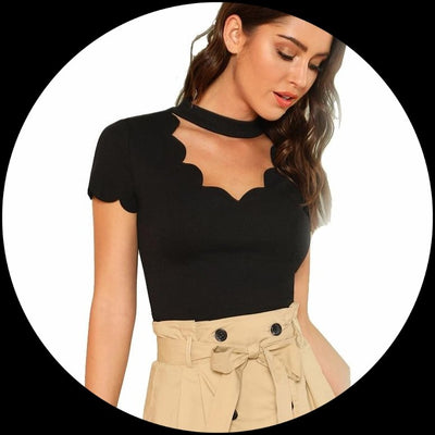 Black Elegant Mock Neck Scallop Trim Shirt