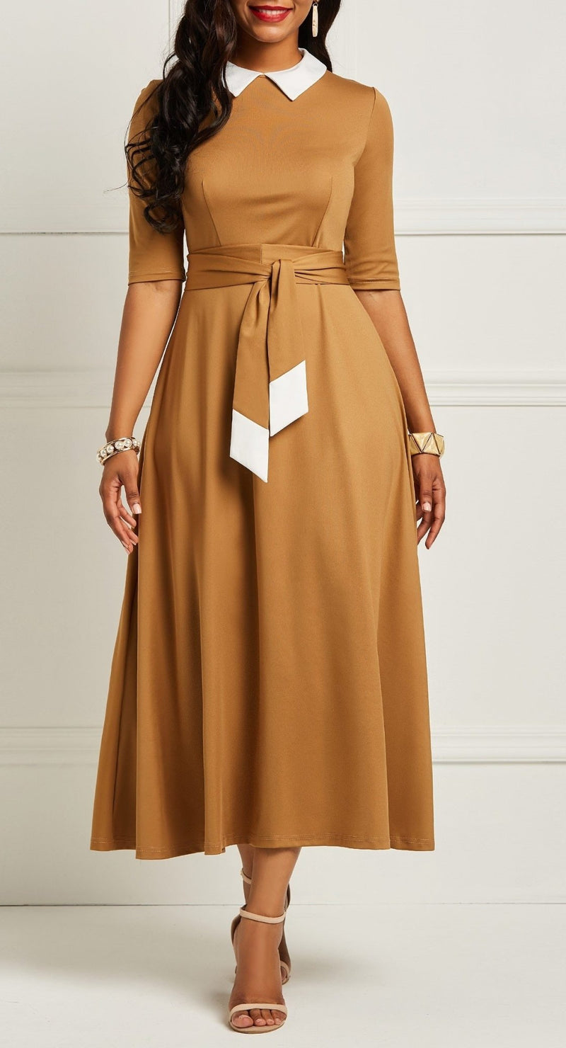 Lace Up Pleated England Style Vintage Office Ladies Dress