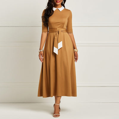 Lace Up Pleated England Style Vintage Office Ladies Dress