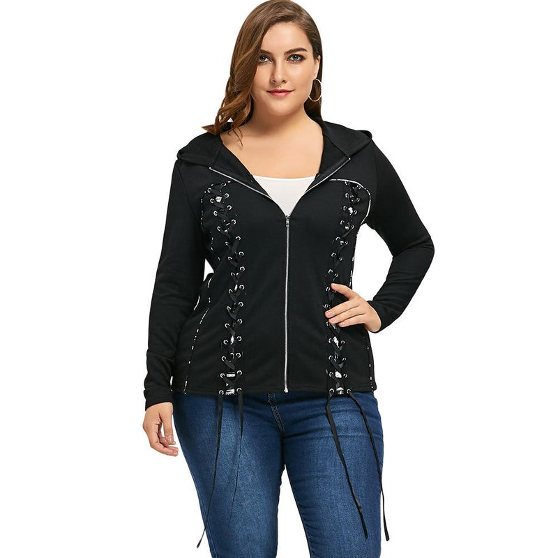 Women Double Lace-Up Plus Size Zip Up Hooded Coat