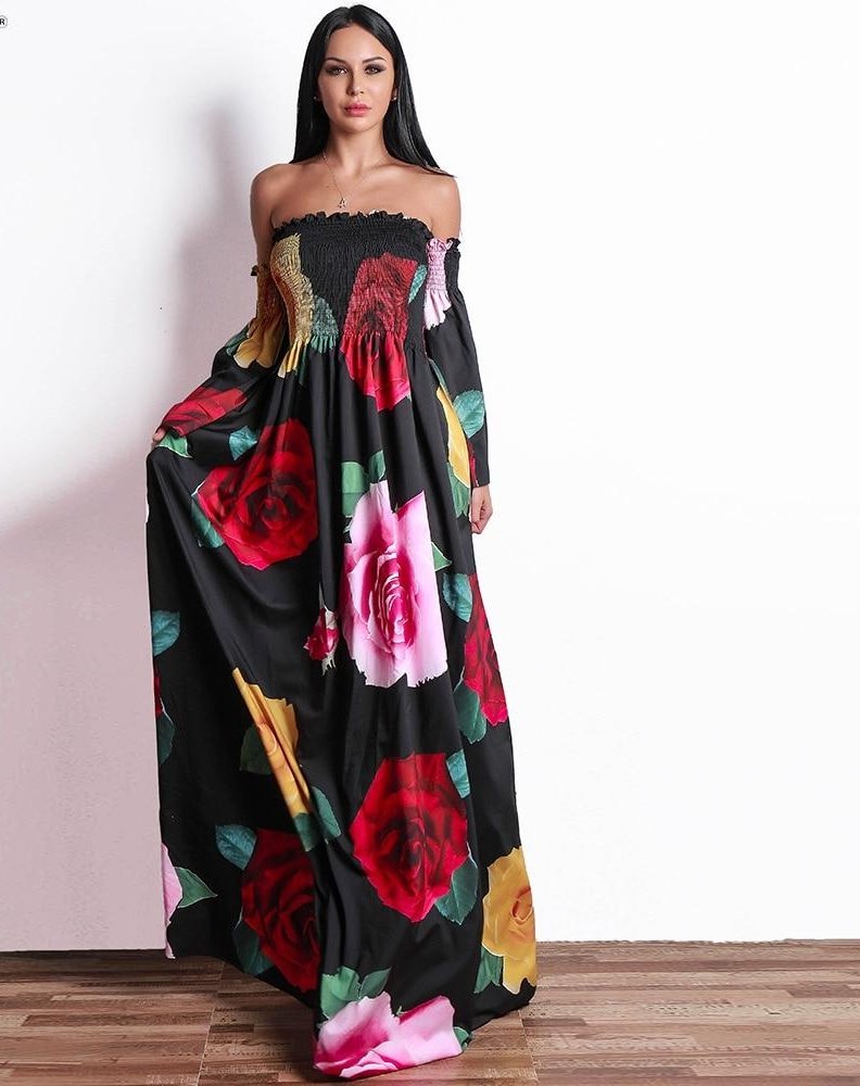 Flower Print Dress Off Shoulder Dress