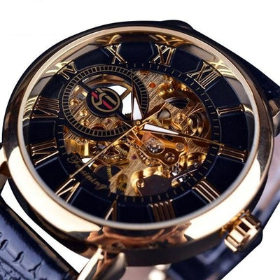 3d Logo Design Hollow Engraving Black Gold Case Leather Watch