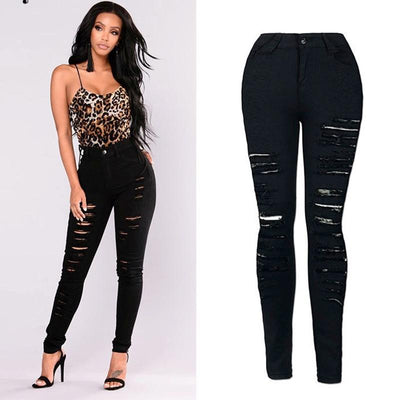 black Stretchy Ripped Jeans Woman Denim Pants