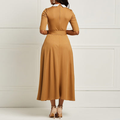 Lace Up Pleated England Style Vintage Office Ladies Dress