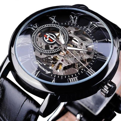 3d Logo Design Hollow Engraving Black Gold Case Leather Watch
