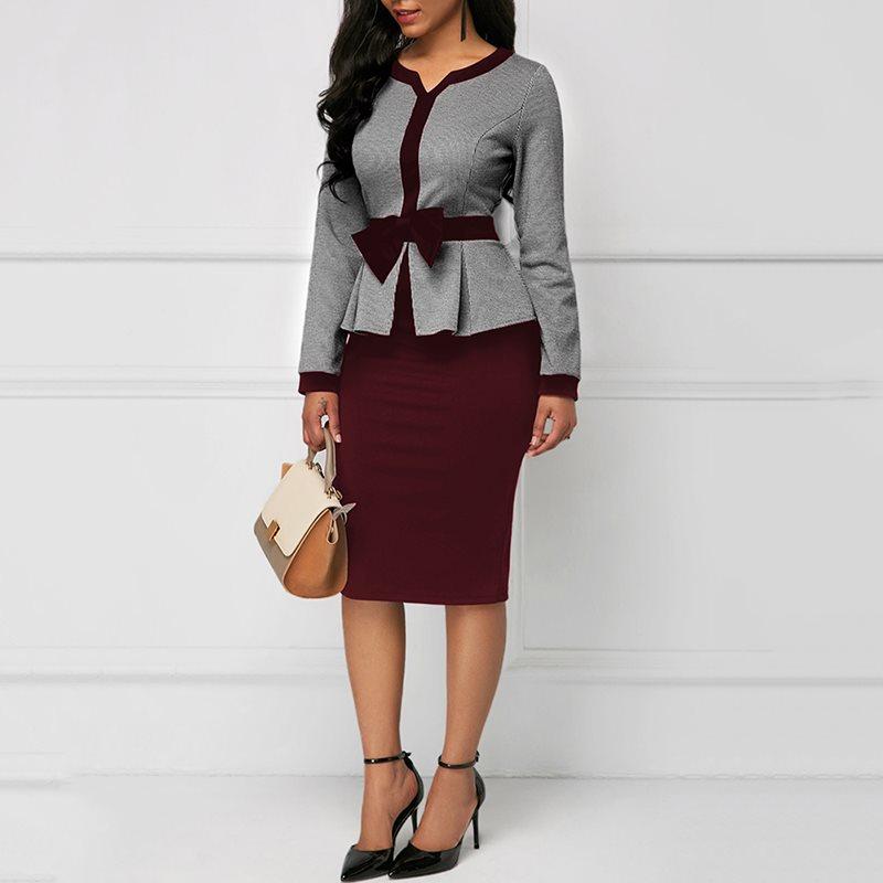 Women Vintage Bodycon Elegant Bowknot Office Maxi Dress