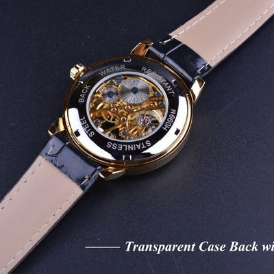 3d Logo Design Hollow Engraving Black Gold Case Leather Watch