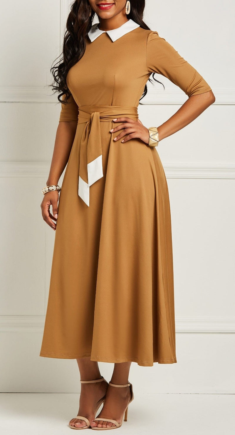 Lace Up Pleated England Style Vintage Office Ladies Dress