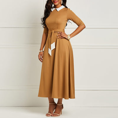 Lace Up Pleated England Style Vintage Office Ladies Dress