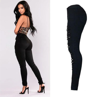 black Stretchy Ripped Jeans Woman Denim Pants