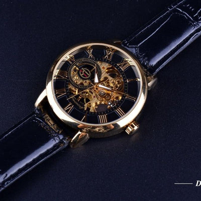 3d Logo Design Hollow Engraving Black Gold Case Leather Watch