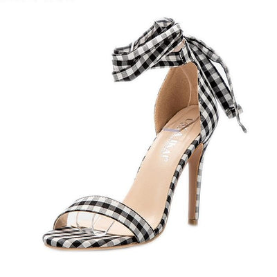 Scottish Plaid High Sandals Women Cross-Tied Heels