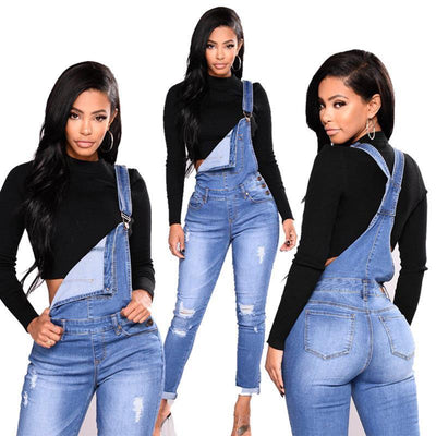 Women's Overalls Ripped Stretched High Waist Jeans Jumpsuits Denim