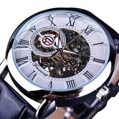 3d Logo Design Hollow Engraving Black Gold Case Leather Watch