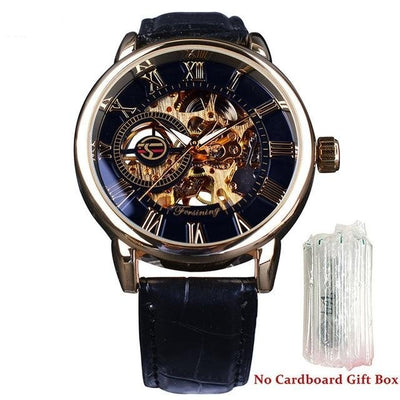 3d Logo Design Hollow Engraving Black Gold Case Leather Watch