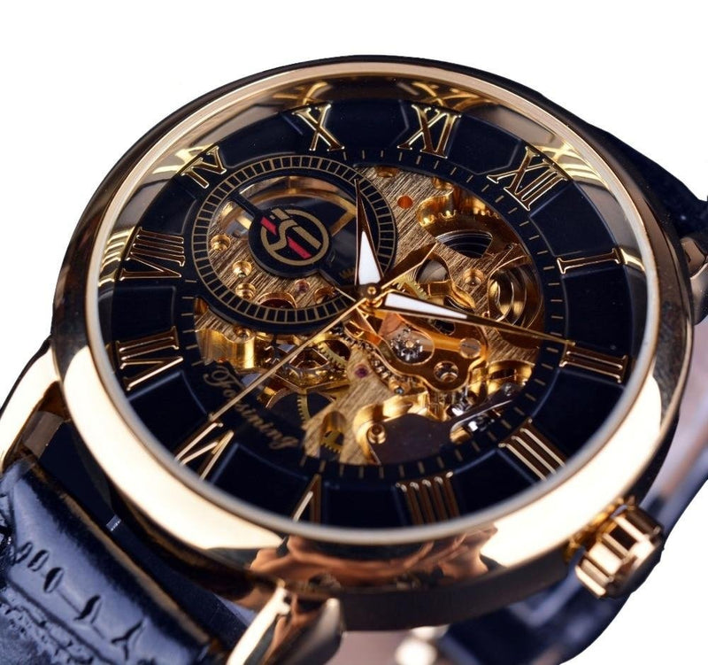 3d Logo Design Hollow Engraving Black Gold Case Leather Watch