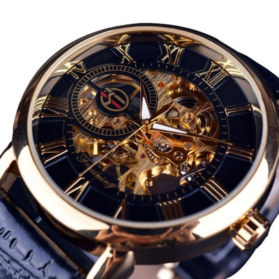 3d Logo Design Hollow Engraving Black Gold Case Leather Watch