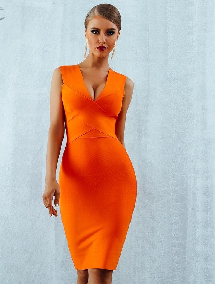 Women Bandage Sexy Deep V Neckline Sleeveless Bodycon Celebrity Party Dress