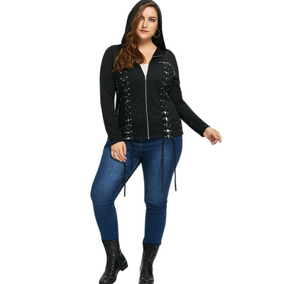 Women Double Lace-Up Plus Size Zip Up Hooded Coat