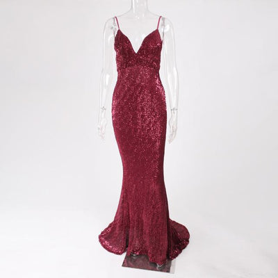 V Neck Sequined Evening Party Dress